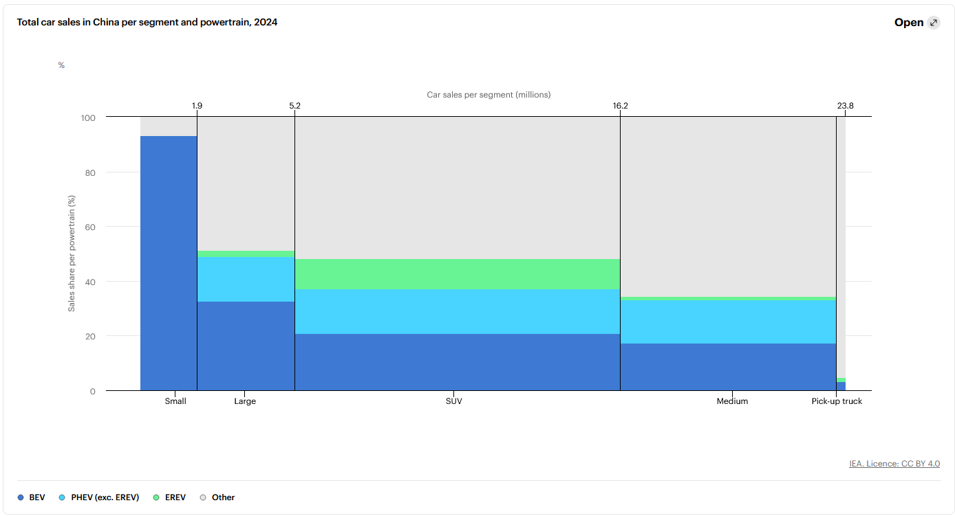 Total car sales in China per segment and powertrain 2024