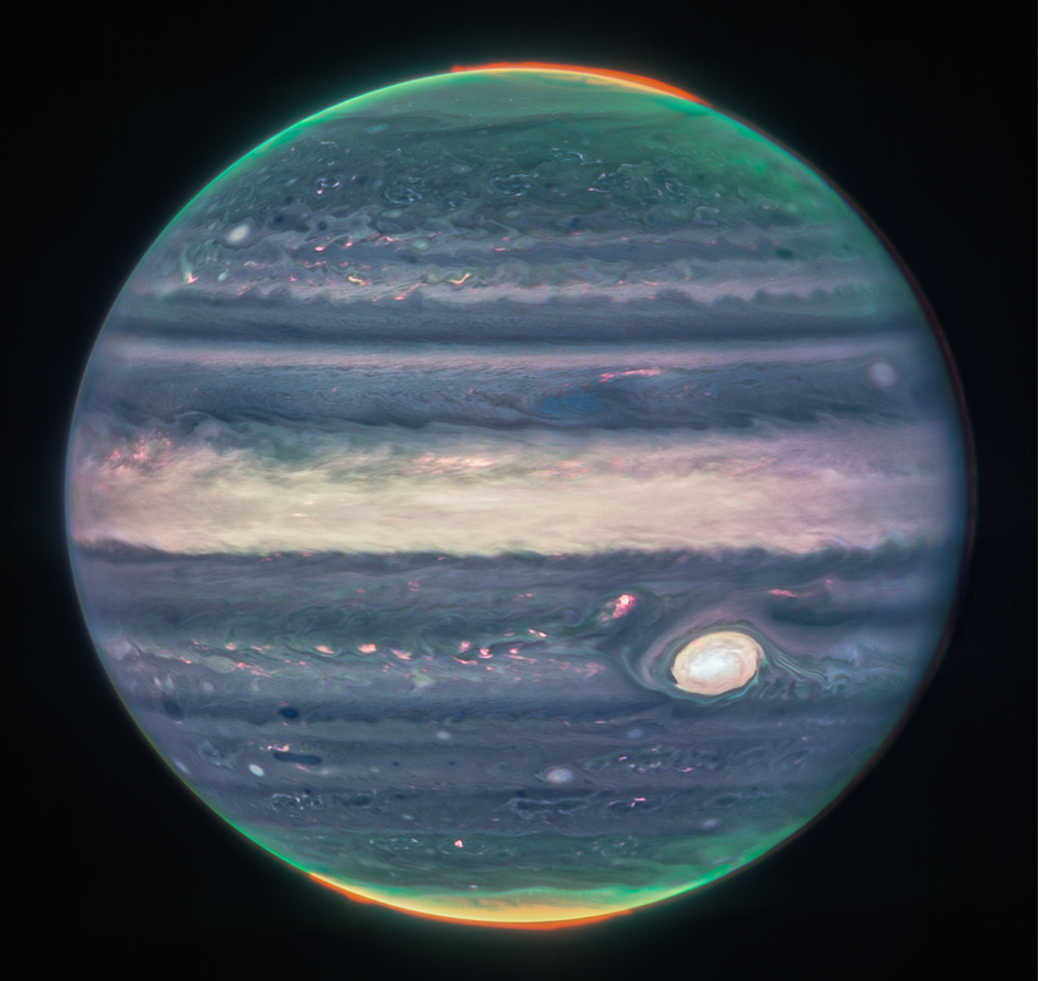 Webb NIRCam composite image of Jupiter from three filters – F360M (red), F212N (yellow-green), and F150W2 (cyan) – and alignment due to the planet’s rotation. Credit: NASA, ESA, CSA, Jupiter ERS Team; image processing by Judy Schmidt.